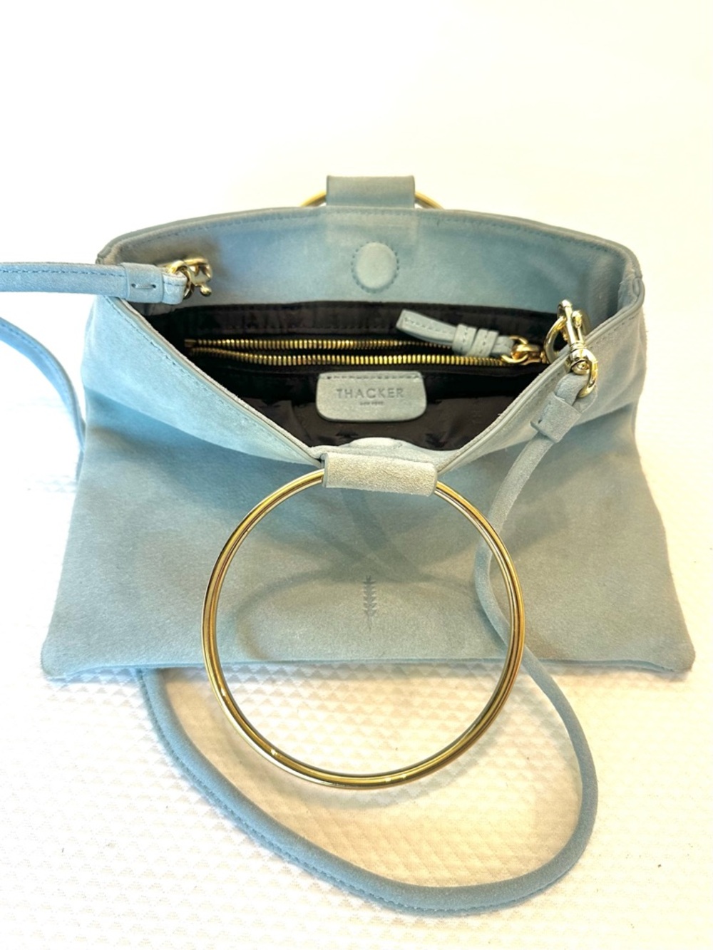 Thacker NY Rare Color Light Blue Suede Crossbody Handbag‎ Purse Gold Ring Handle